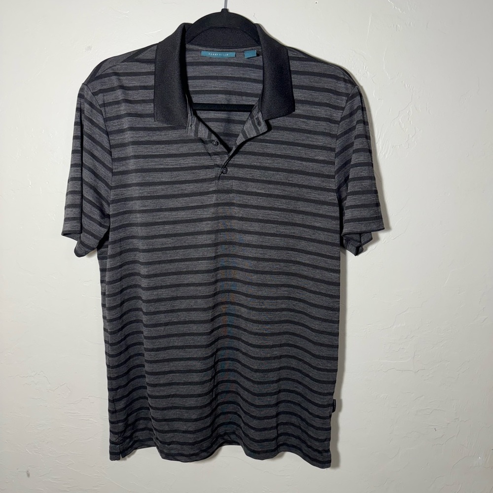 Perry Ellis  Polo Shirt Mens Medium Black‎ And Gray Striped Short Sleeve